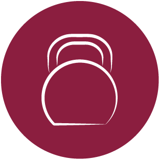 A white icon of a kettlebell sits on a pink background.