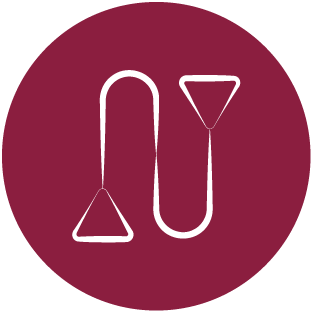 A minimalist white outline of a resistance band with handles within a maroon circular background, symbolizing strength training or resistance exercises.