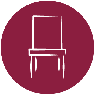 A minimalist white outline of a chair within a maroon circular background, symbolizing seated exercises, stability, or support.