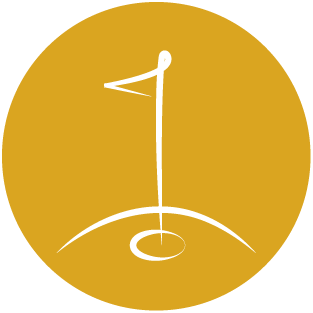 A minimalist white outline of a golf flag and hole within a yellow circular background, symbolizing golf or outdoor sports activities.