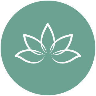 A minimalist white outline of a lotus flower within a teal circular background, symbolizing relaxation, mindfulness, or wellness.