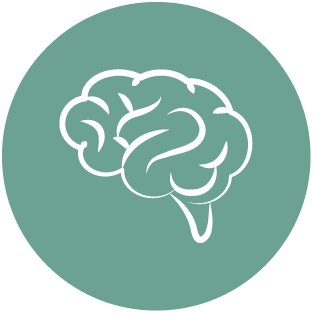 A minimalist white outline of a brain within a teal circular background, symbolizing mental health, cognition, or mindfulness.