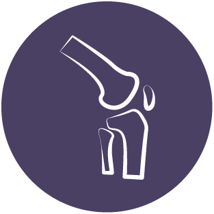 A minimalist white outline of a knee joint within a purple circular background, symbolizing knee health or mobility.