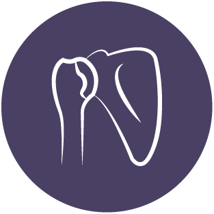 A minimalist white outline of a shoulder joint within a purple circular background, symbolizing joint or shoulder health.