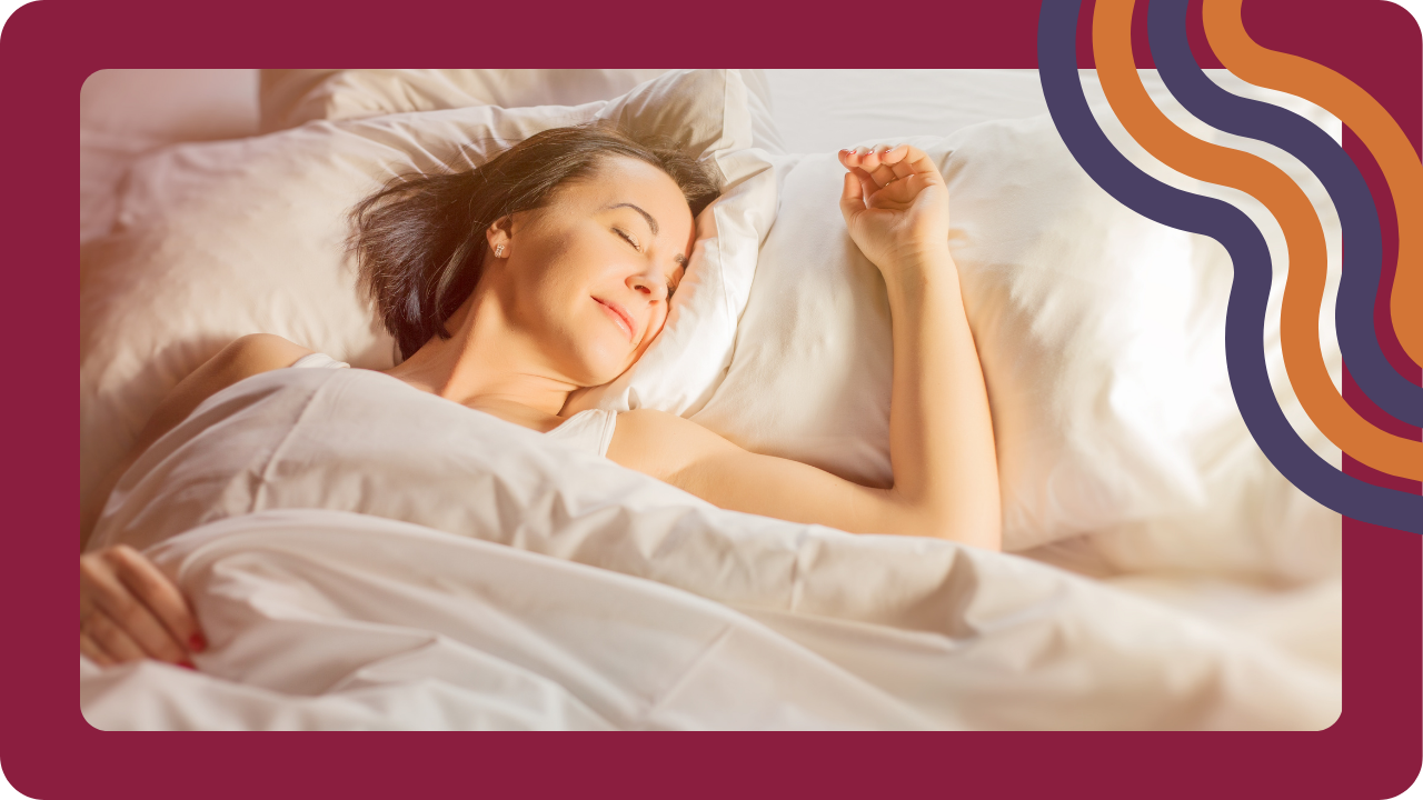 Image of a woman peacefully sleeping in a well-lit bedroom, surrounded by white bedding. The photo is framed with a burgundy border and accented by wave-like design elements in orange, purple, and gold on the right side.